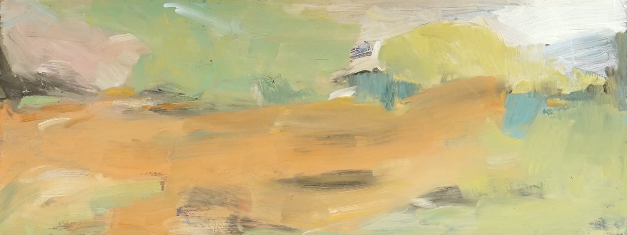 Billie Newey (Contemporary), ‘Reflections’, label verso, abstract oil on board, 29 x 74cm